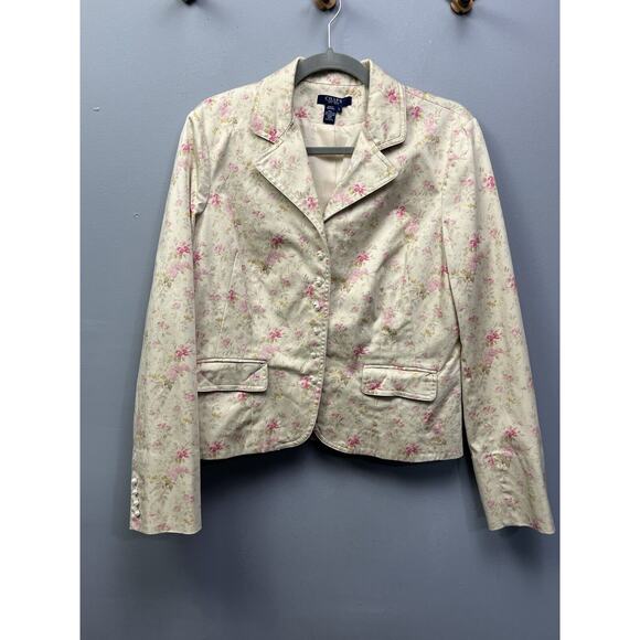 Chaps Blazer Womens Large Pink Floral Print Cottagecore Style Beige Pearl Button - Picture 1 of 7